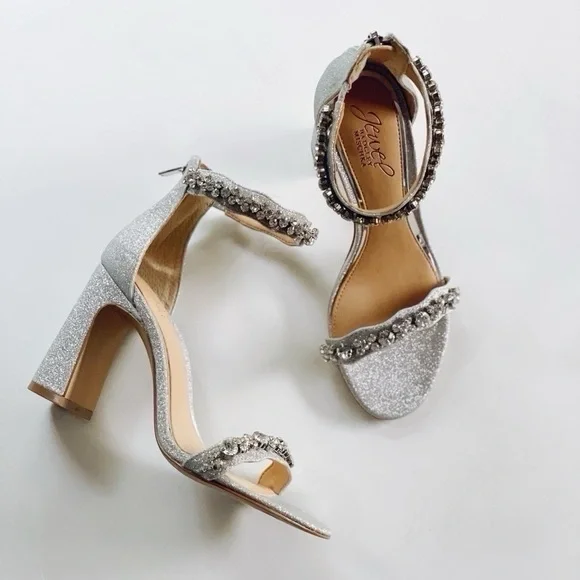NEW Badgley Mischka Mayra Silver Glitter Rhinestone Ankle Strap Heels - Picture 5 of 12